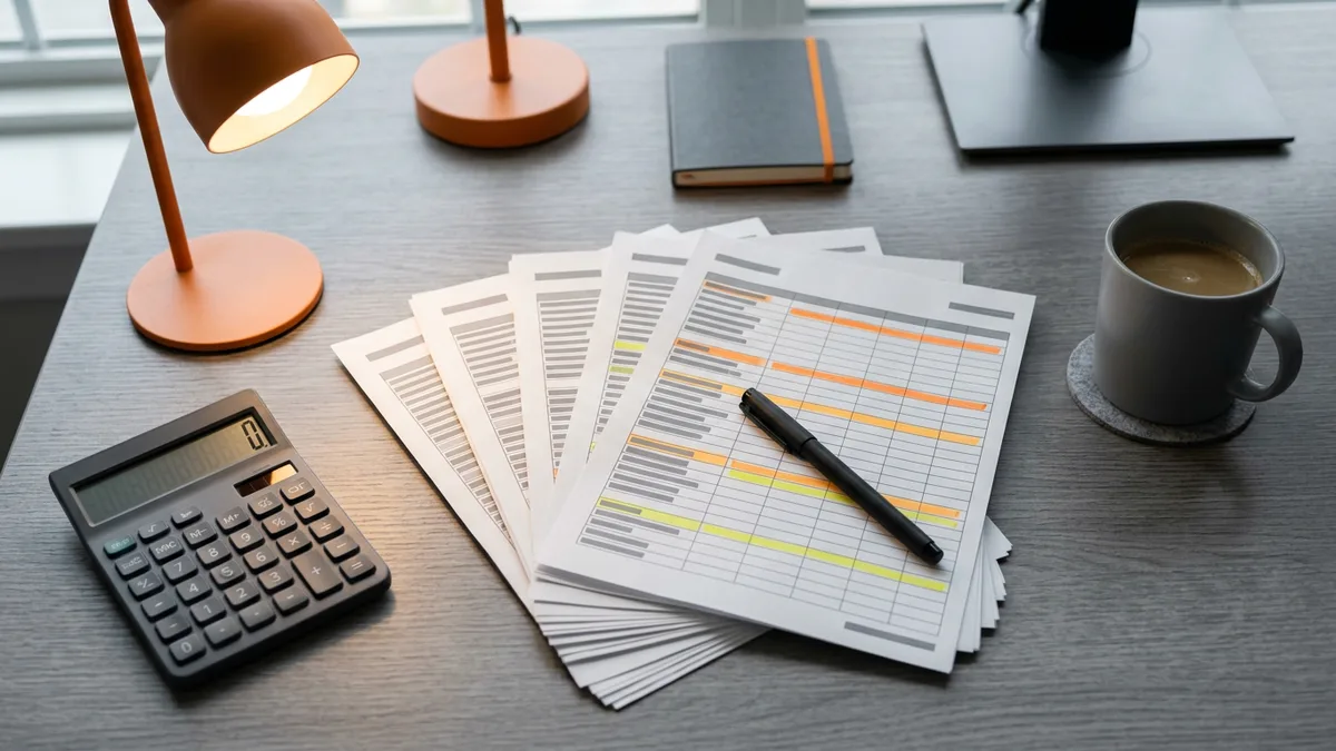 Overhead view of printed aging pages with orange and yellow highlighted rows beside a calculator, pen and orange desk lamp