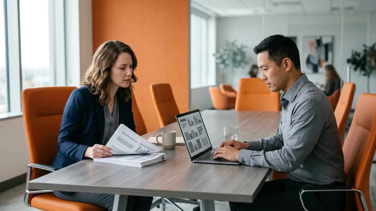 Financial analyst and data analyst side by side at a conference table reviewing printed certificates and a laptop, a two-seat borrowing base bridge team
