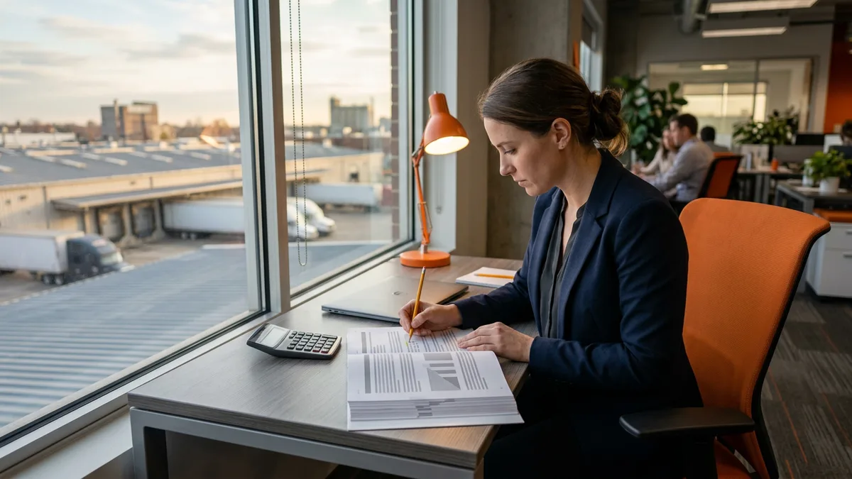 Collateral analyst in a navy blazer marking a printed aging report at a window desk overlooking warehouse docks, a borrowing base reporting review