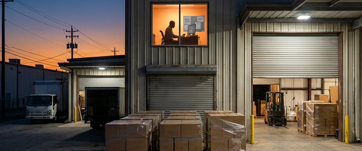 Warehouse loading dock at dusk with stacked pallets of boxes and a lit second-floor office where an analyst works, collateral behind borrowing base reporting
