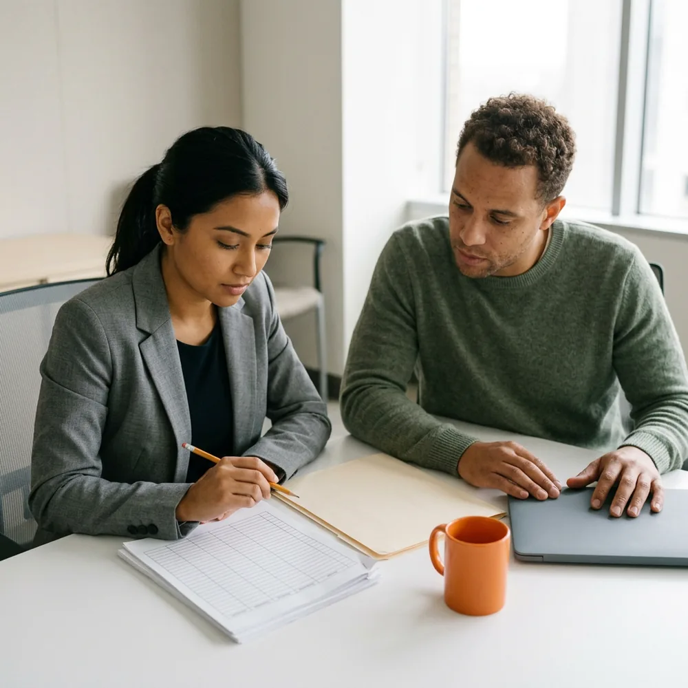 Two credit analysts side by side at a conference table, one holding a pencil over a printed aging while the other rests a hand on a closed laptop, a manila folder and an orange mug between them