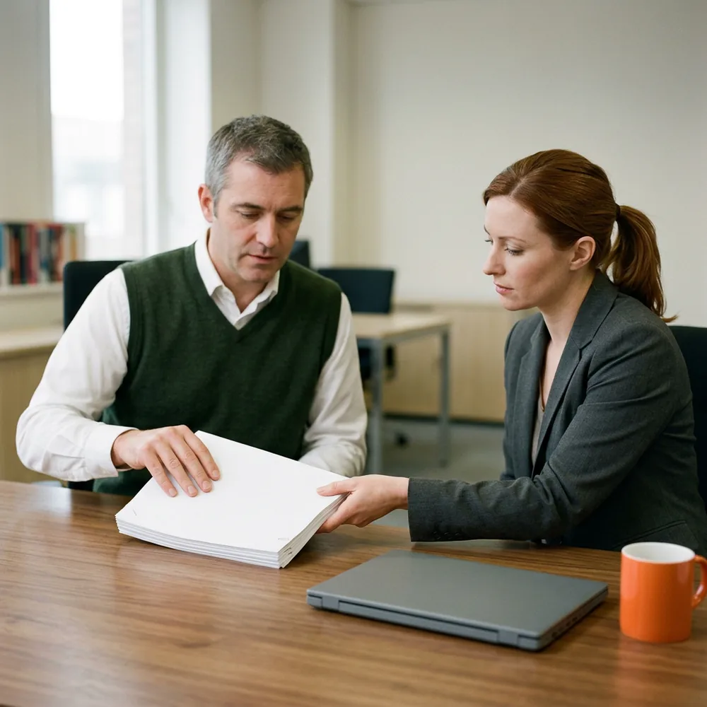 Credit manager in a green vest slides a stack of printed pages across a desk to a contract analyst who reaches for them, a closed laptop and an orange mug nearby