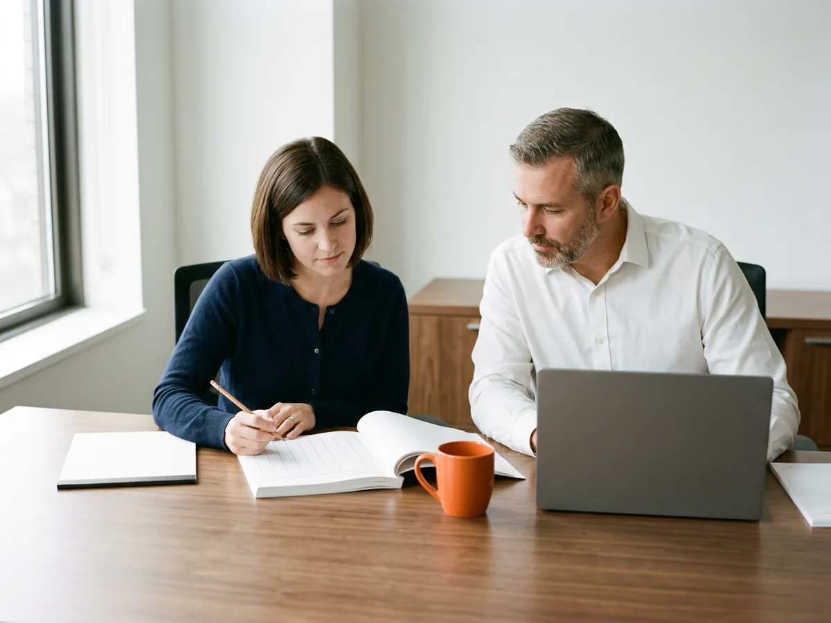 Collateral analyst in a navy cardigan holds a pencil over a printed receivables aging at a desk while a second analyst in a white shirt looks on beside a laptop, an orange mug between them