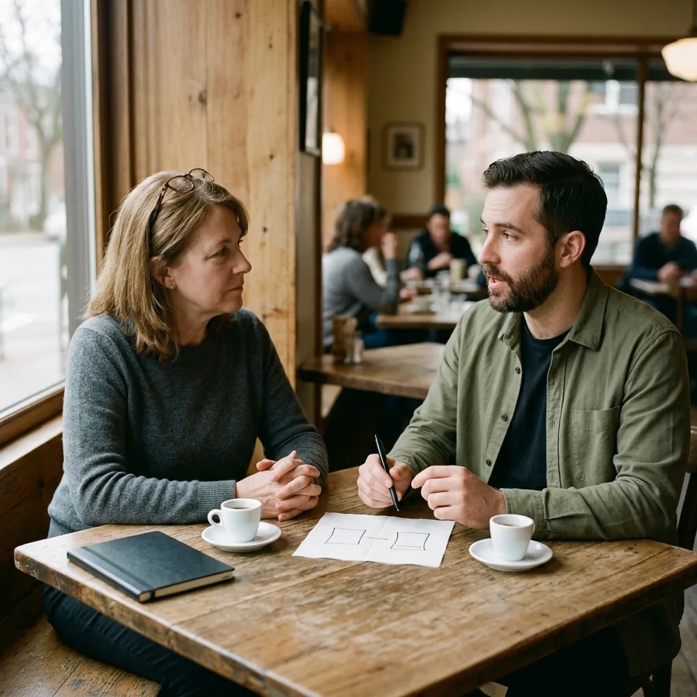 Recruiter listening at a cafe table as a brand partnerships candidate sketches two boxes joined by a line on a paper napkin between two espresso cups