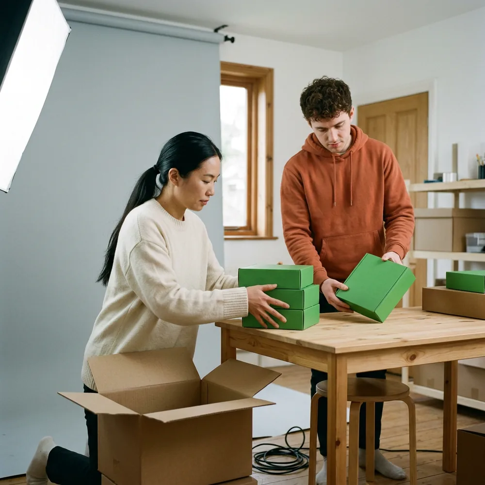 Brand partnerships manager unpacking plain green product boxes in a small creator studio while the creator in an orange hoodie examines one of the boxes