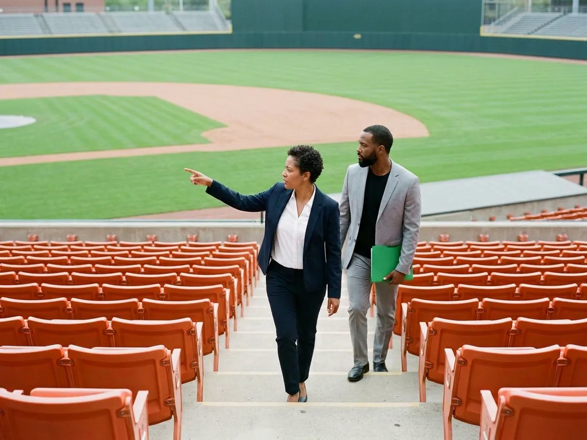 Property partnerships director pointing toward the field as a brand-side partnerships manager holding a green folder follows her down the steps of an empty ballpark between rows of orange seats