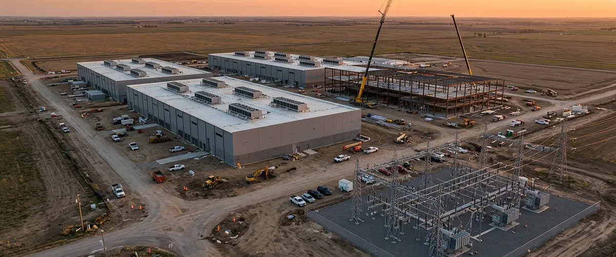 Aerial view of a hyperscale data center campus under construction with cranes and an electrical substation at sunset