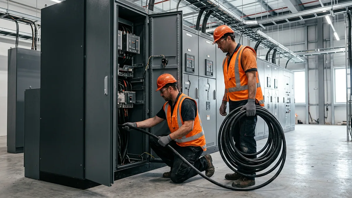 Two electricians routing power cable into medium-voltage switchgear cabinets in a new data center electrical room