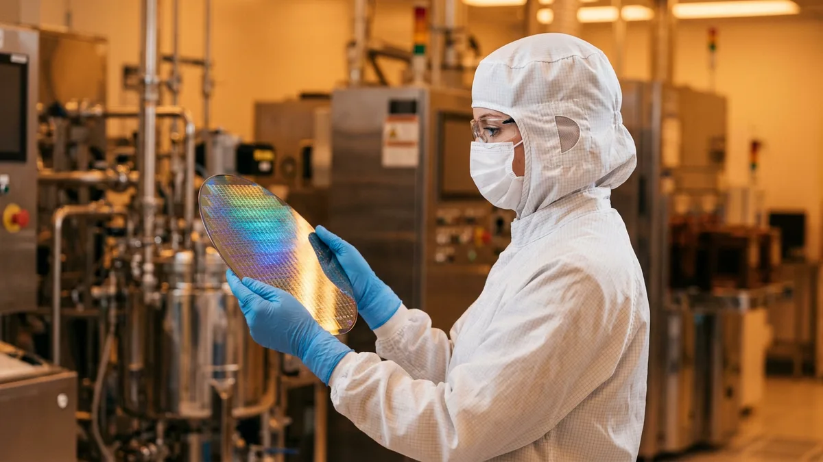 Semiconductor engineer in a cleanroom suit inspecting a 300mm silicon wafer under amber light