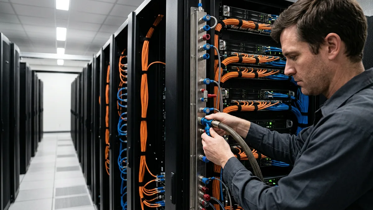 Data center technician connecting a braided coolant hose to a liquid cooling manifold on an AI server rack