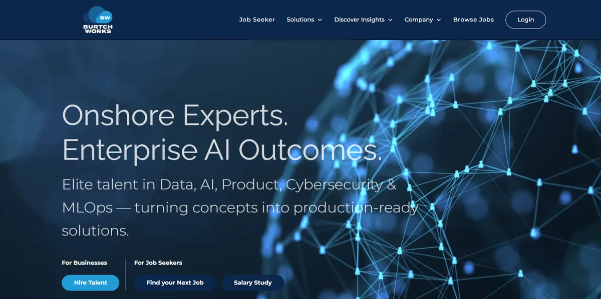 Burtch Works homepage showing analytics and AI staffing services, ranked number four for 2026