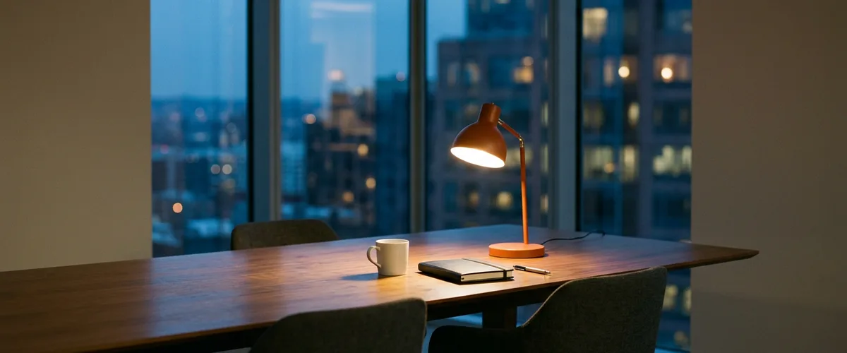 Empty conference room at dusk with an orange desk lamp lit over a walnut table, the setting for budgeting contract accountant bill rates before year-end close