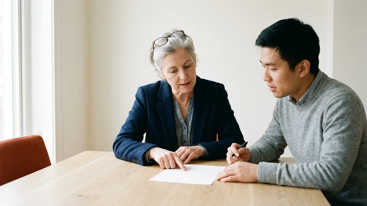 Senior accountant in a navy blazer pointing to a sheet of paper while a staff accountant listens, the senior versus staff split that drives contract accountant bill rates