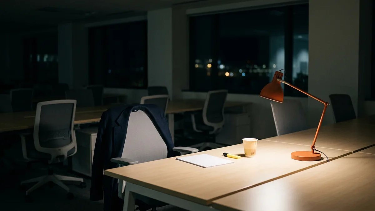 Lone desk lamp lit in a dark office late at night with a coat over the chair, the long close-season days that make overtime part of a contract accountant cost