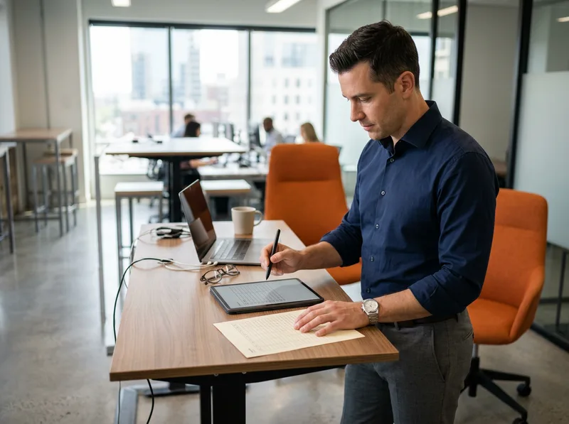 Operations manager signing a weekly timesheet approval on a tablet at a standing desk, orange accent chair in the background