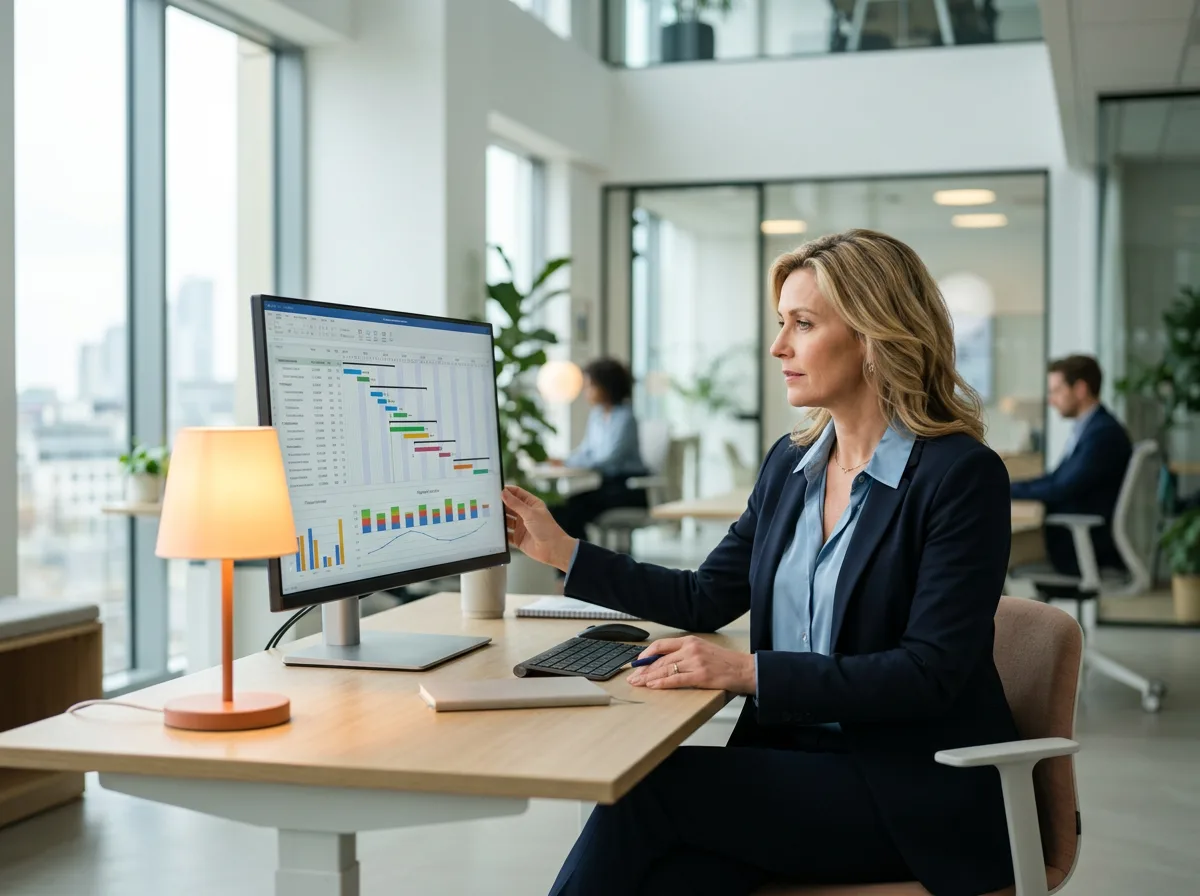 CFO reviewing a contract software development project timeline on a monitor at an office desk with an orange desk lamp
