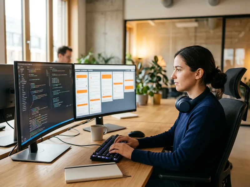 Software engineer coding at a dual monitor setup with a project kanban board visible, orange task labels