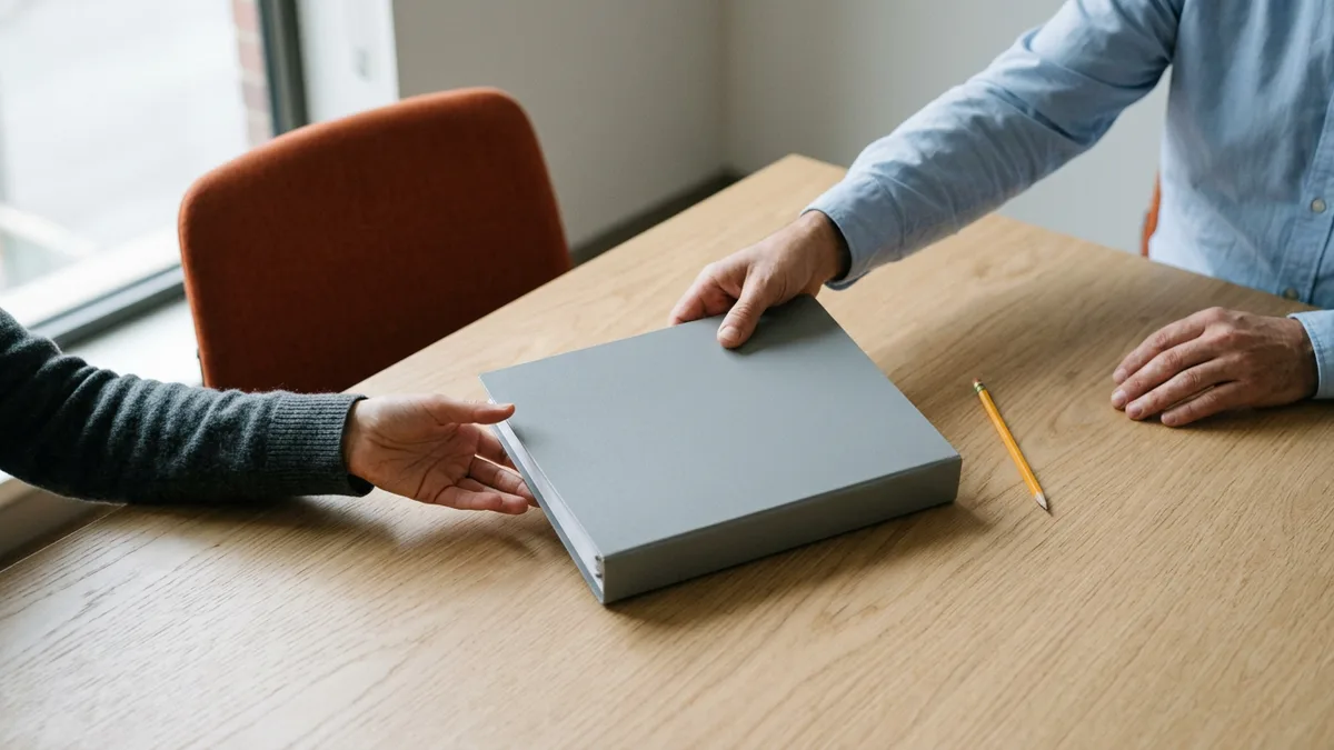 One hand sliding a plain gray binder across an oak table toward another hand at a handoff meeting