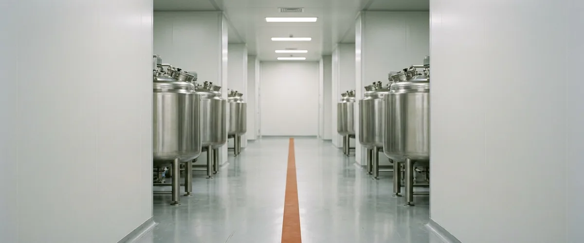 Empty pharmaceutical production corridor with stainless steel mixing vessels on both sides and an orange stripe down the gray floor