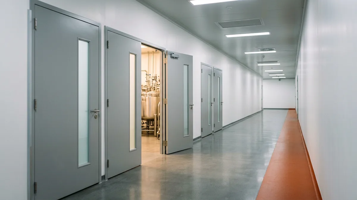 Corridor of identical gray manufacturing suite doors with one open onto a stainless steel vessel and an orange stripe on the floor