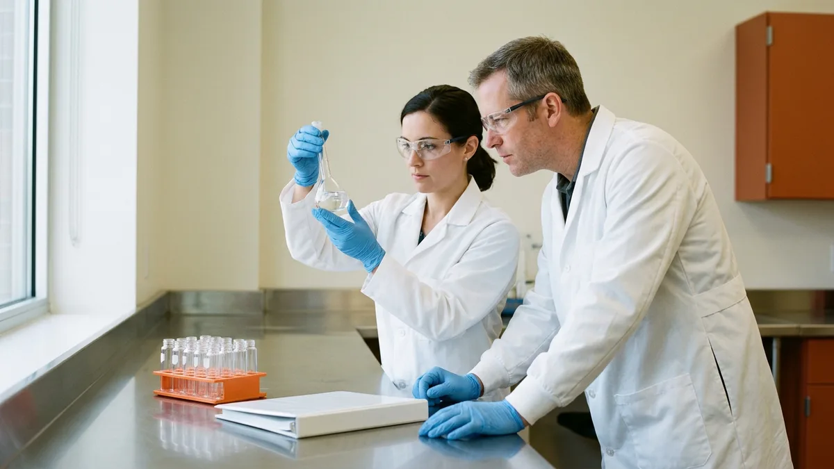 Two quality control analysts in white lab coats and safety glasses inspecting a glass volumetric flask at a stainless steel bench beside an orange vial rack