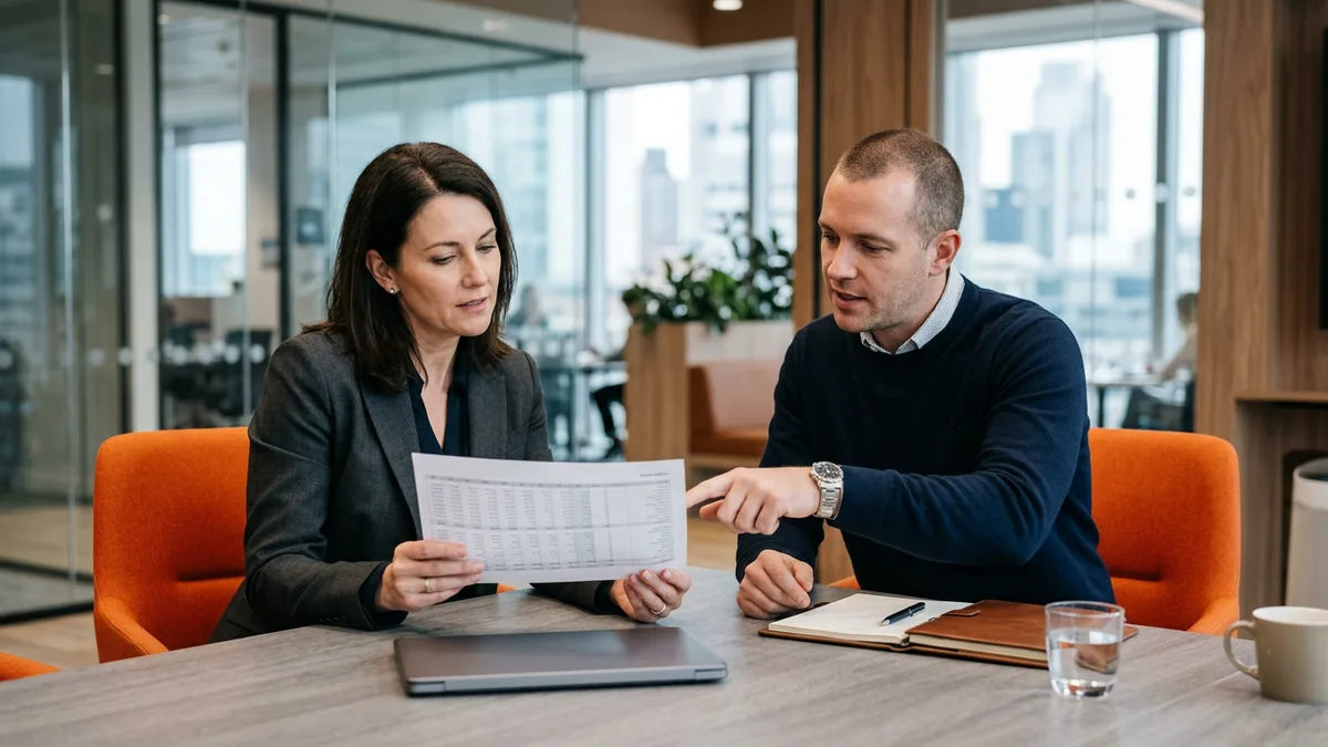 CFO and finance leader reviewing a contractor budget allocation sheet at a conference table with orange chair accents