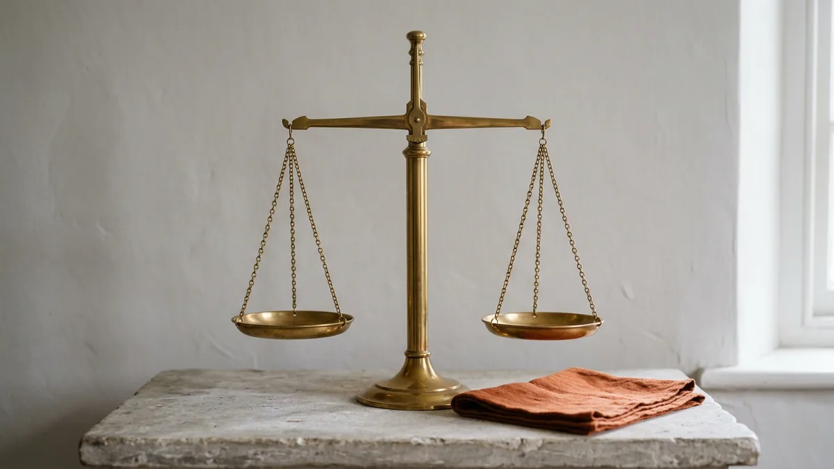 Antique brass balance scale with two empty pans on a pale stone ledge next to a folded orange cloth