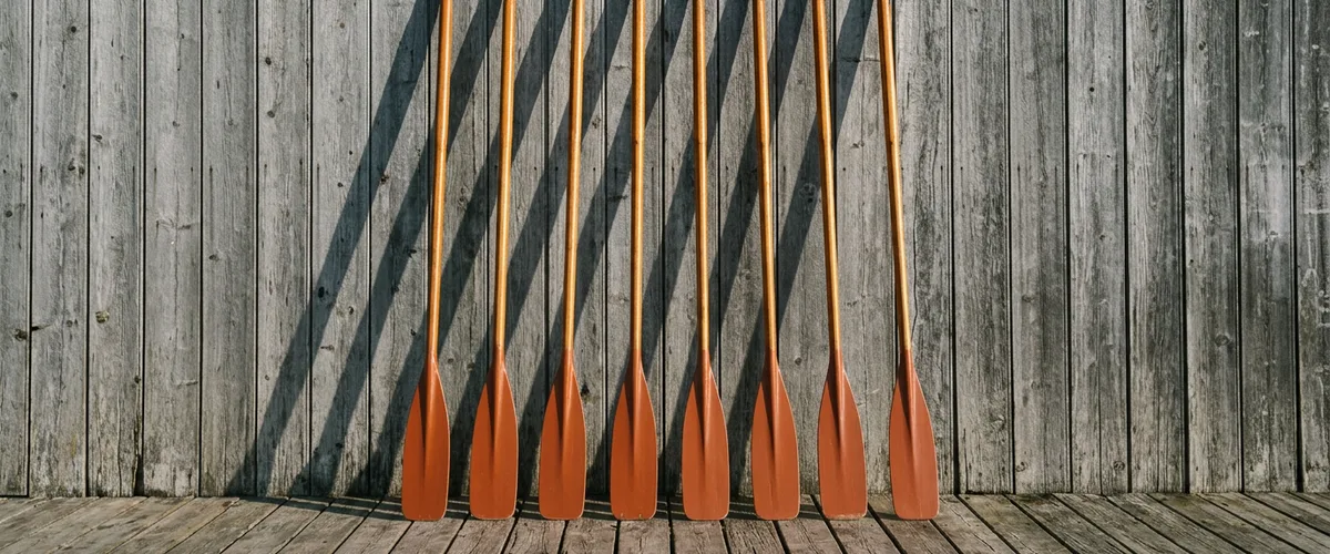 Eight wooden oars with orange blades leaning in a row against a weathered grey boathouse wall