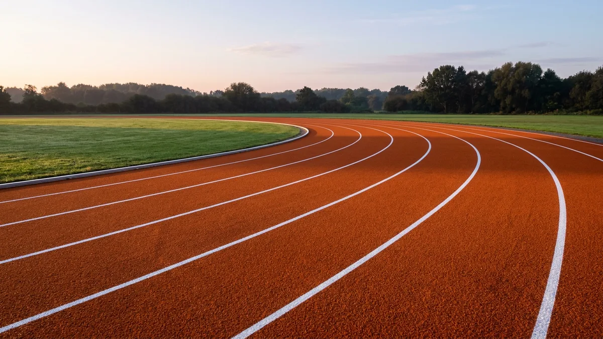 Curve of an empty orange running track with white lane lines at sunrise