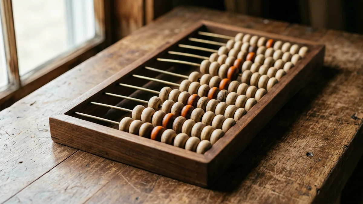 Old wooden abacus with pale and orange beads resting on a worn walnut table beside a window