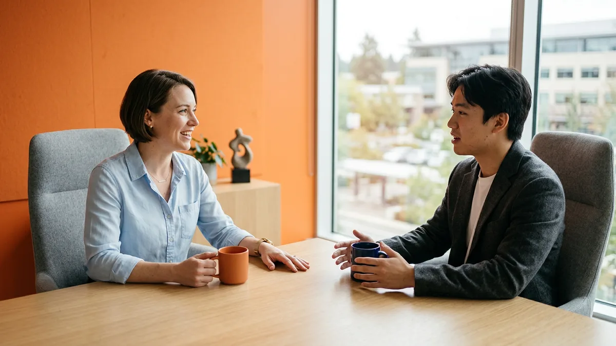 Hiring manager in a light blue shirt talking with a chip design engineer candidate across a wooden conference table by an orange wall
