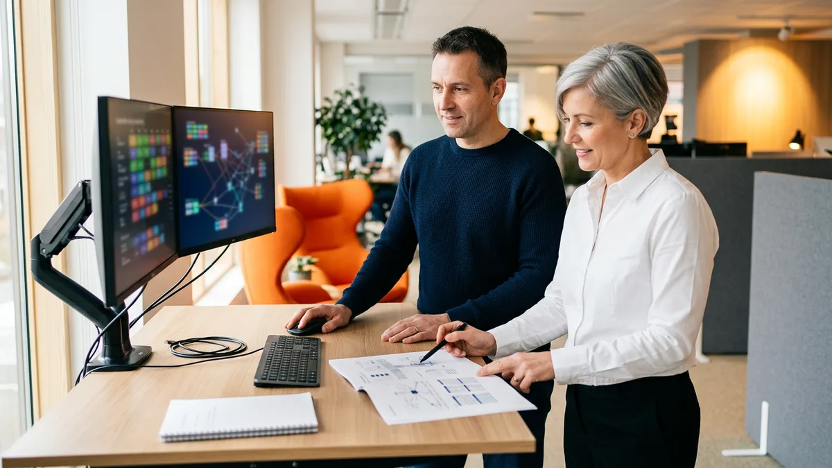 Senior data engineer and business systems analyst reviewing a source-to-target mapping on two monitors and a printed page during a closed block conversion