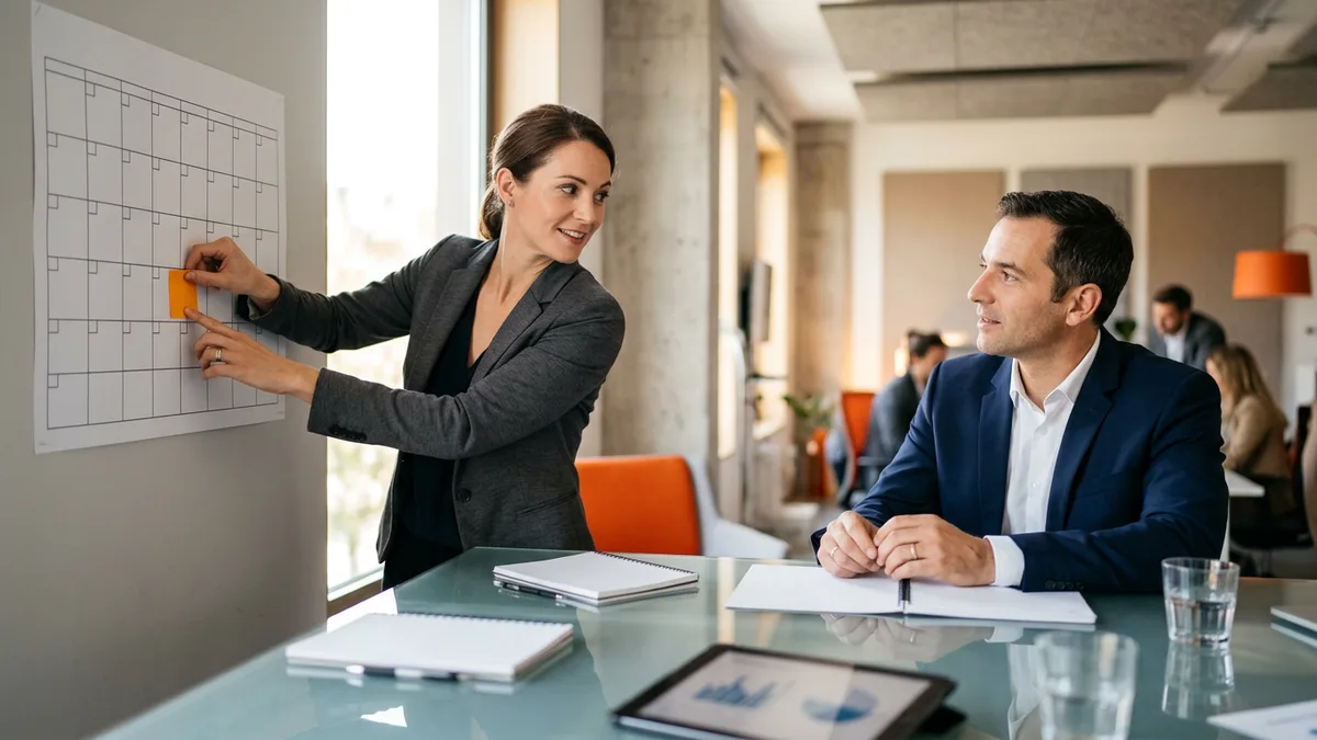 Project manager placing an orange marker on one date of a blank wall calendar while an executive reviews the transition services deadline across the table
