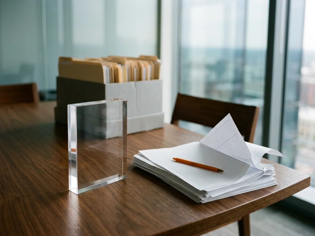 A clear acrylic deal tombstone block on a walnut boardroom table beside a tall stack of printed policy report pages and an orange pen, an archive box of policy folders behind