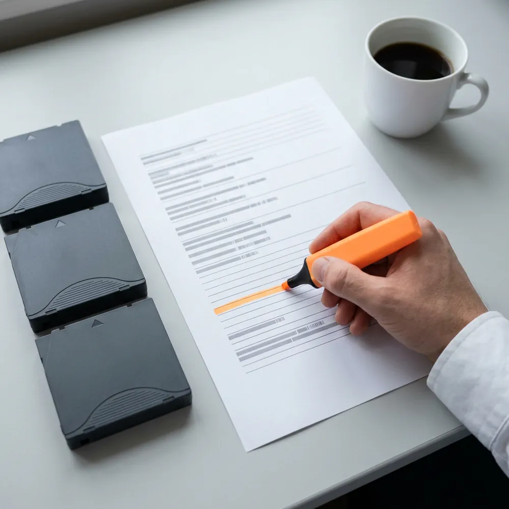 Three unlabelled data tape cartridges beside a printed policy report page while a hand marks one line with an orange highlighter