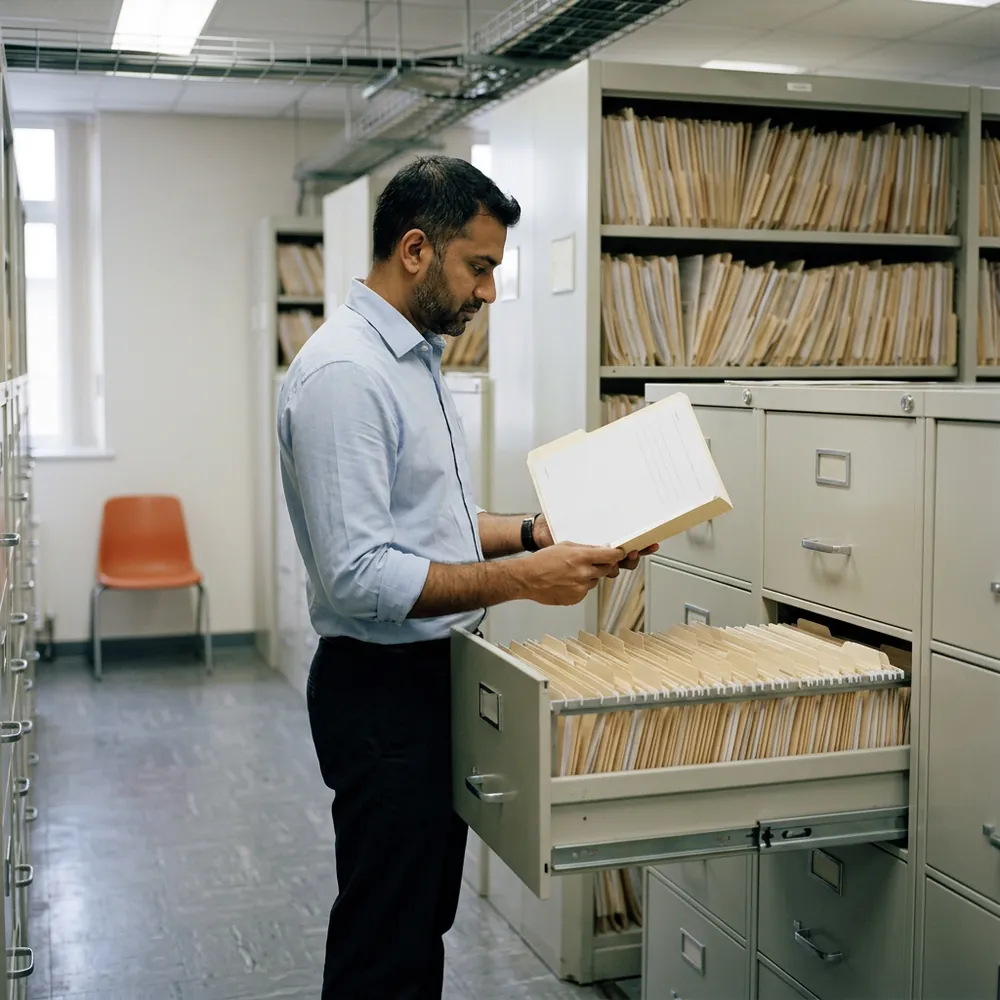 A man reads an open manila policy folder beside a drawer of policy files in an insurance records room lined with grey filing cabinets