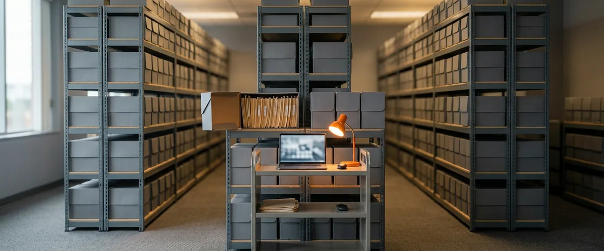 Records room of gray archive boxes on steel shelves with a laptop on a cart under an orange lamp, representing a closed block of in-force policy files