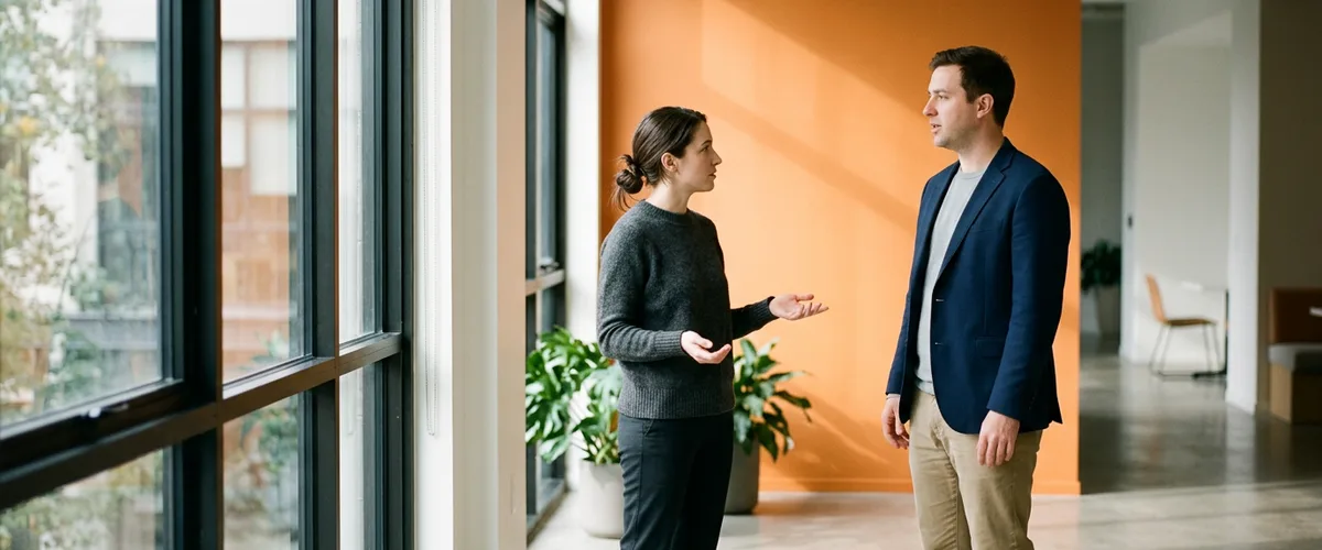 Two colleagues talking beside a tall office window in front of an orange accent wall, planning a contract cloud engineer hire