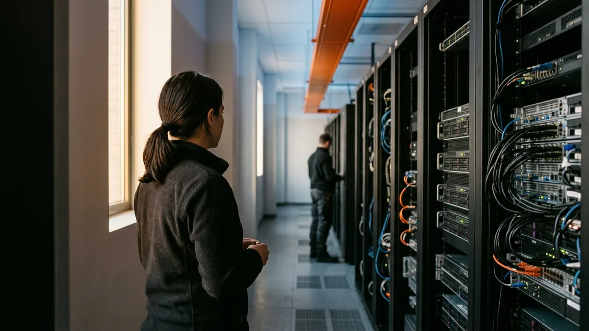 Cloud engineer standing in a data center aisle between server racks, the on-premises estate a cloud migration contract moves workloads out of