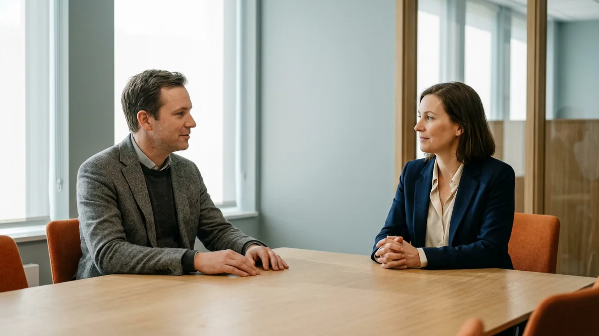 Infrastructure director and a recruiter talking across a conference table about the budget for a contract cloud migration team