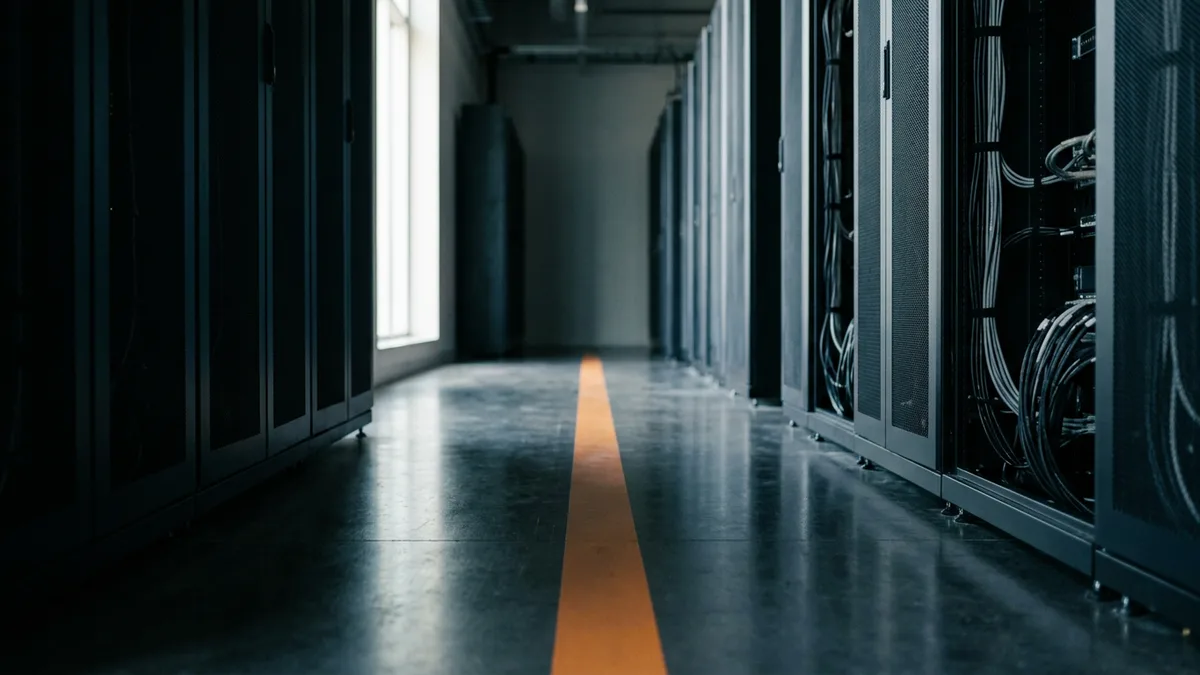 Empty data center aisle with dark server racks and an orange floor stripe, the hardware a funded cloud migration retires