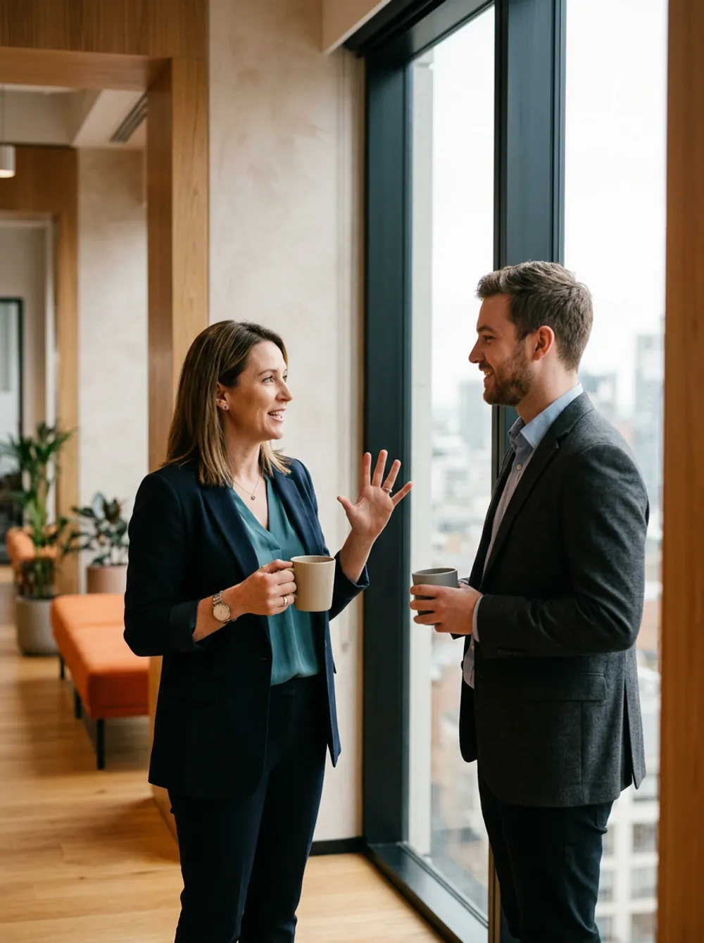 Two marketing leaders discussing operating style during a CMO search debrief