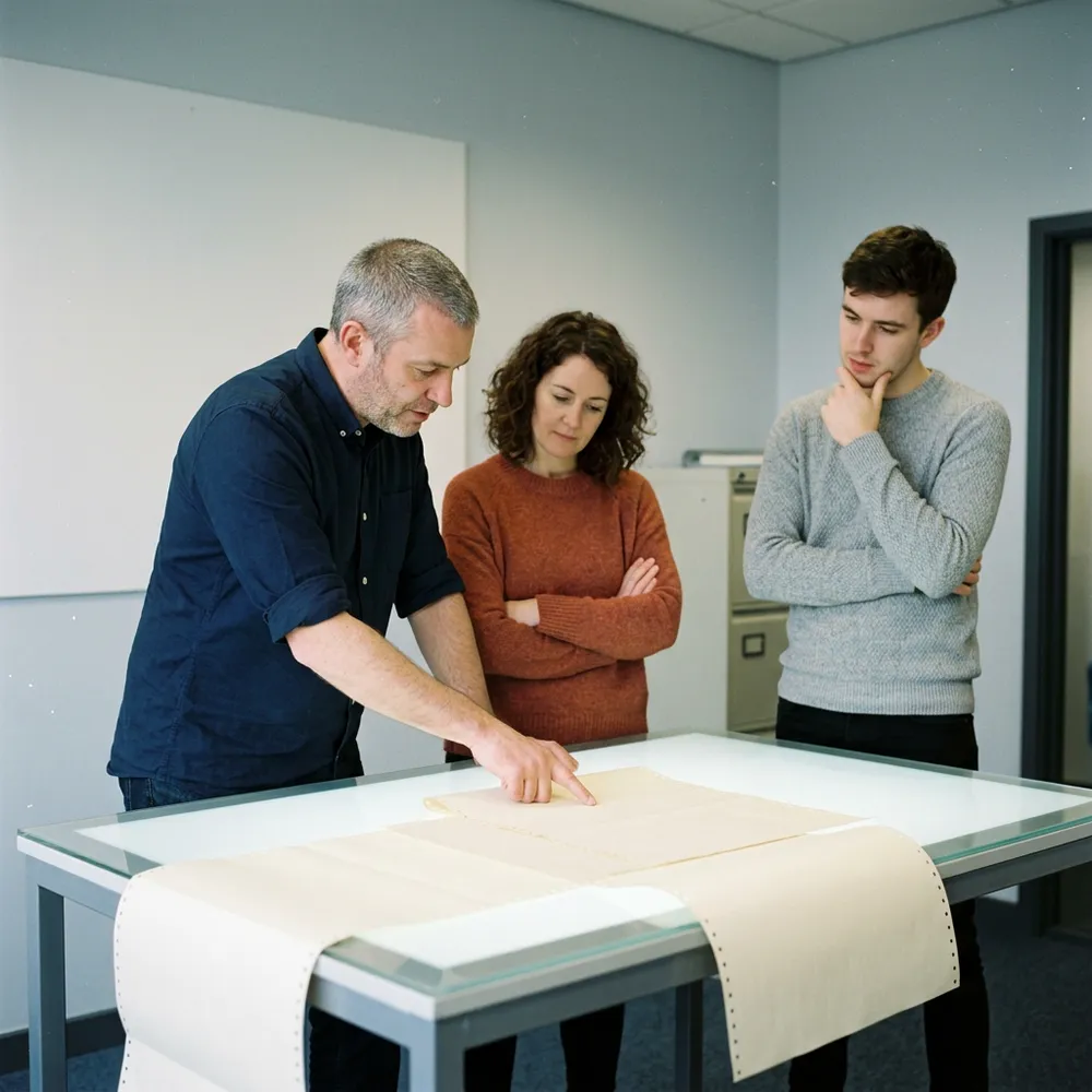 Three engineers reviewing a run of code listing paper spread across a light table during a code audit