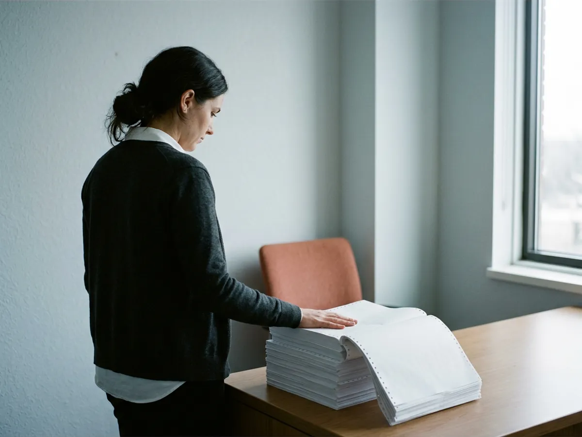 An engineering leader resting a hand on a deep stack of continuous-feed code listing paper she has just inherited
