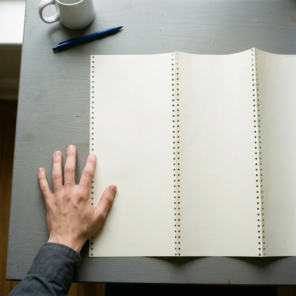 A hand tracing the perforated left margin of unfolded continuous-feed listing paper during a code audit