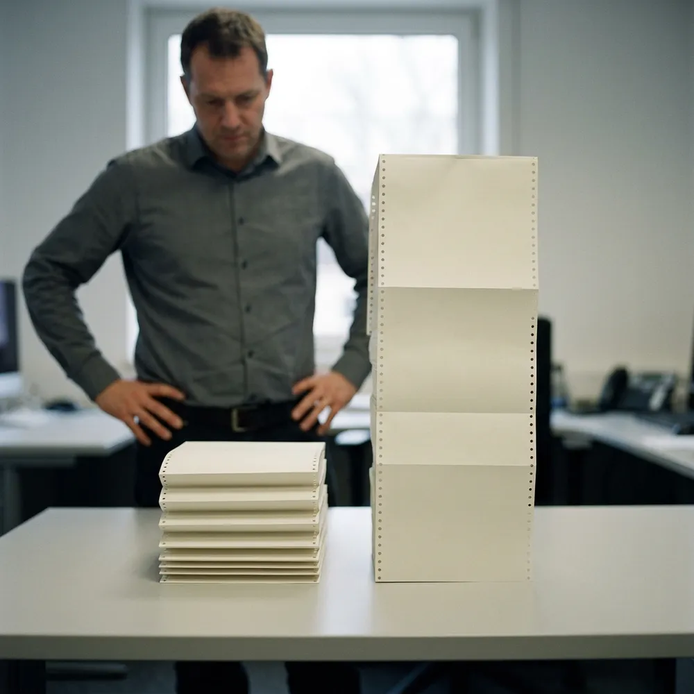 A short stack and a much taller stack of listing paper side by side, the refactor scope against the rewrite scope