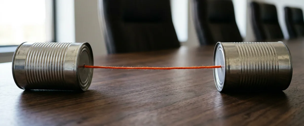 Two plain tin cans joined by a taut orange string on a walnut boardroom table with empty leather chairs behind, a picture of engineering and the board trying to hear each other