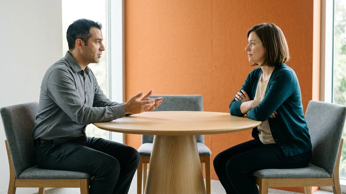 Two colleagues across a small round oak table, one explaining with open hands while the other listens, discussing how a staffing firm builds its bill rate