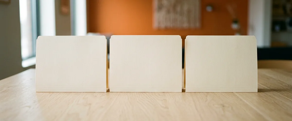 Three identical blank cream folders lined up side by side on an oak table, a visual for comparing three staffing agency quotes