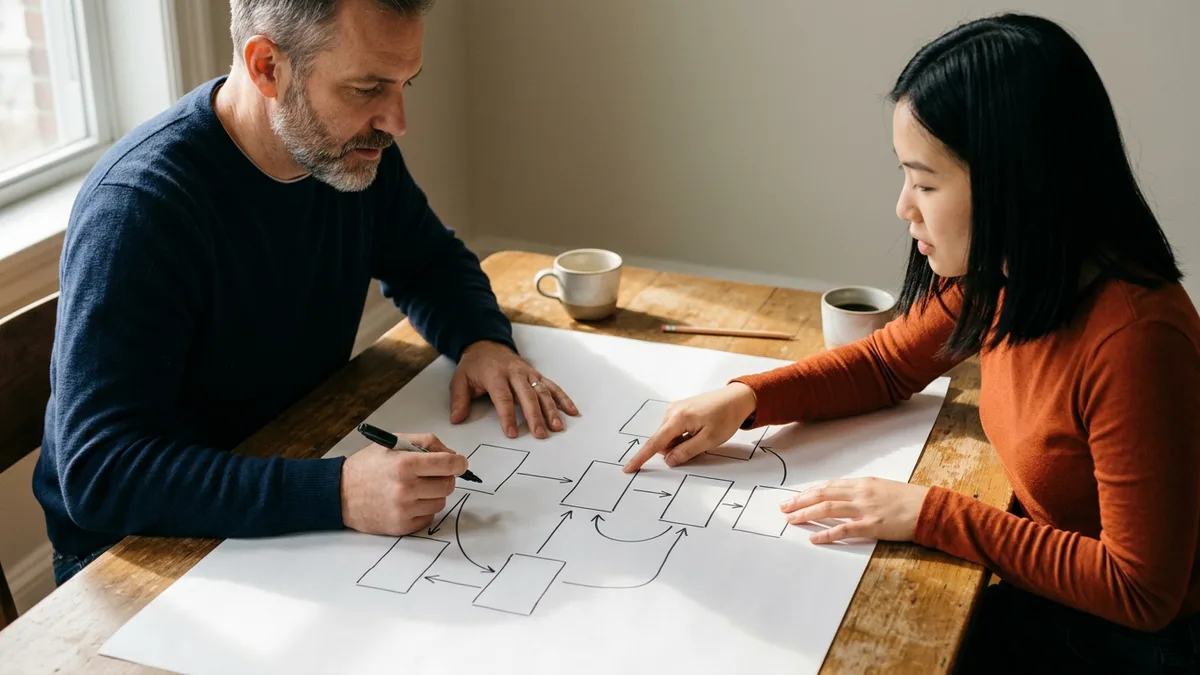 Two software engineers at a wooden table sketching a system design of connected boxes and arrows on a large sheet of paper, one holding a marker and one pointing